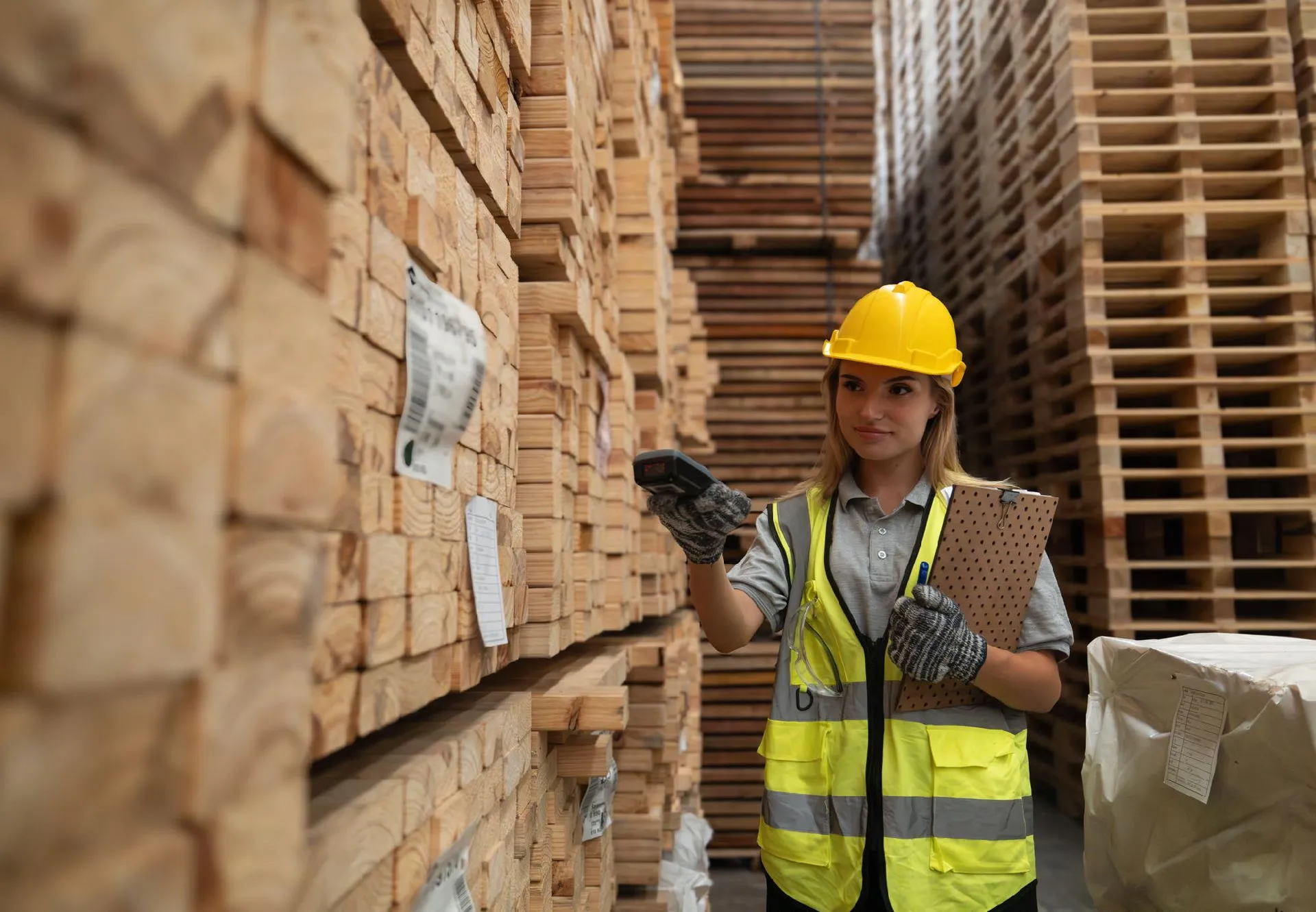Operatore di facchinaggio con casco e transpallet per movimentazione imballi
